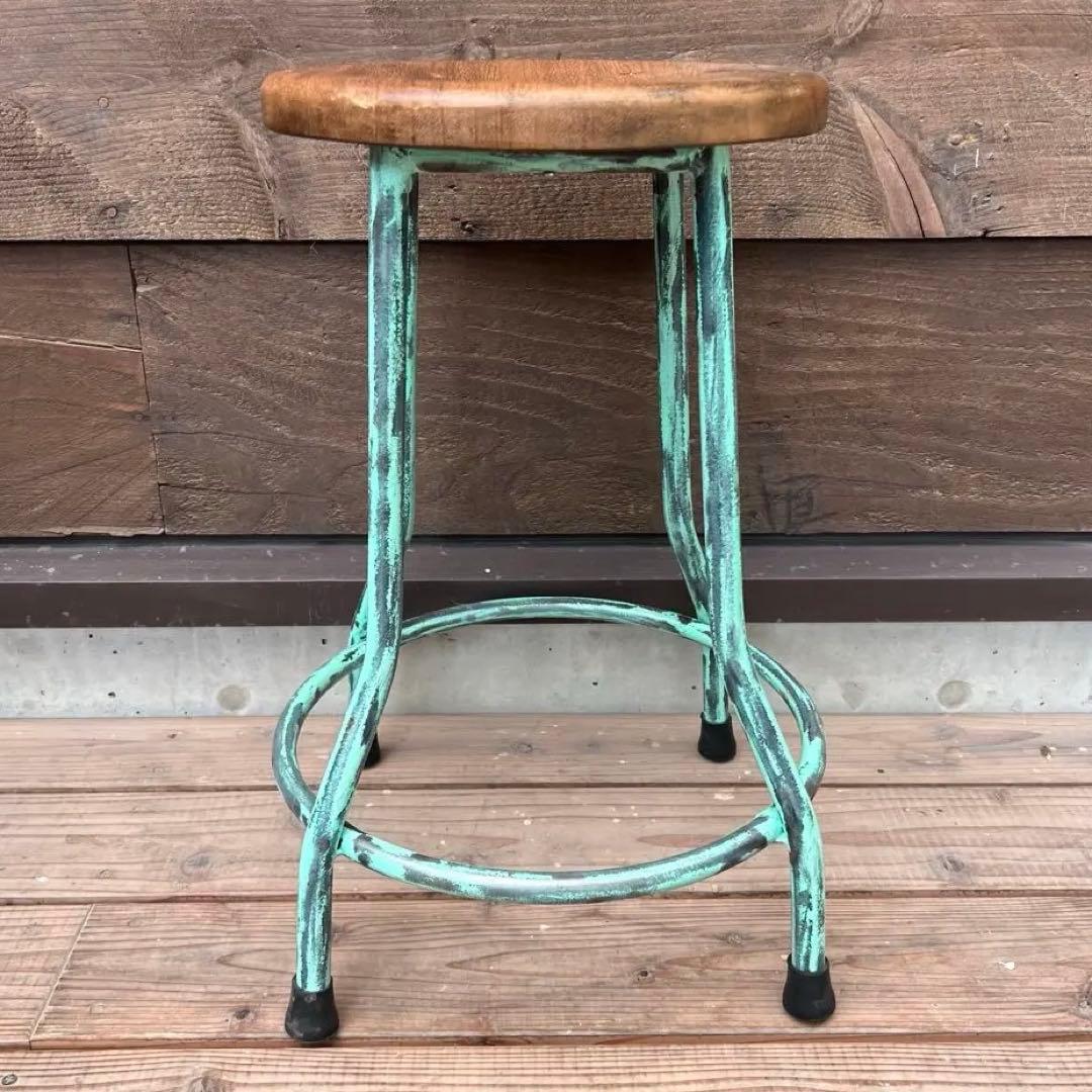 天然木座面のアイアンスツール ヴィンテージスタイル グリーン 木製座面 椅子