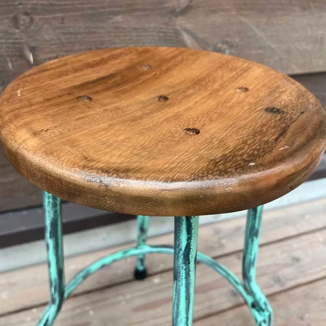天然木座面のアイアンスツール ヴィンテージスタイル グリーン 木製座面 椅子