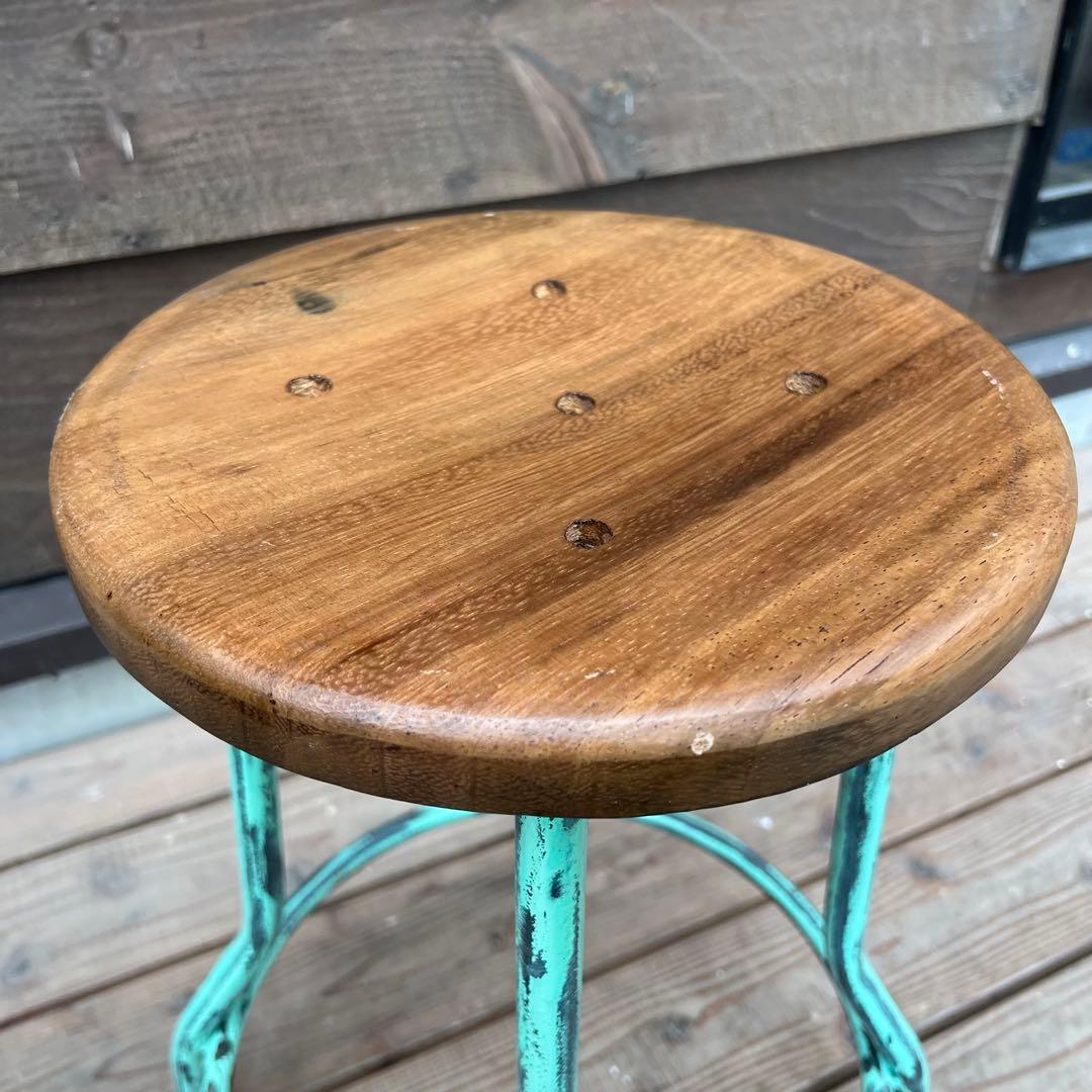 天然木座面のアイアンスツール ヴィンテージスタイル グリーン 木製座面 椅子