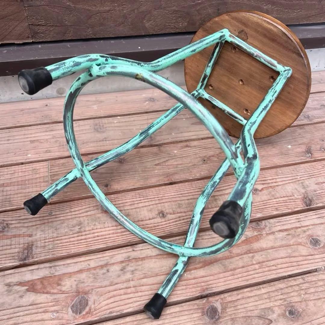 天然木座面のアイアンスツール ヴィンテージスタイル グリーン 木製座面 椅子