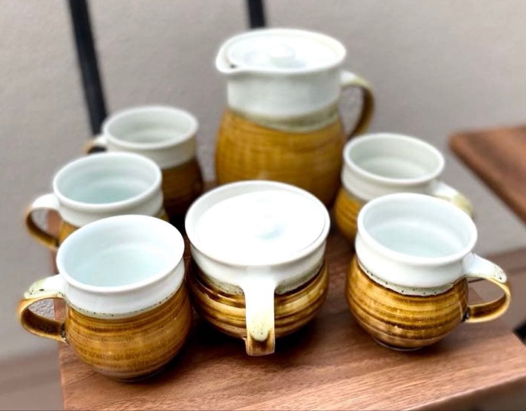 ヴィンテージ風 飴釉ティーセット 7点 YK刻印 民芸調 レトロ　おまけ付き