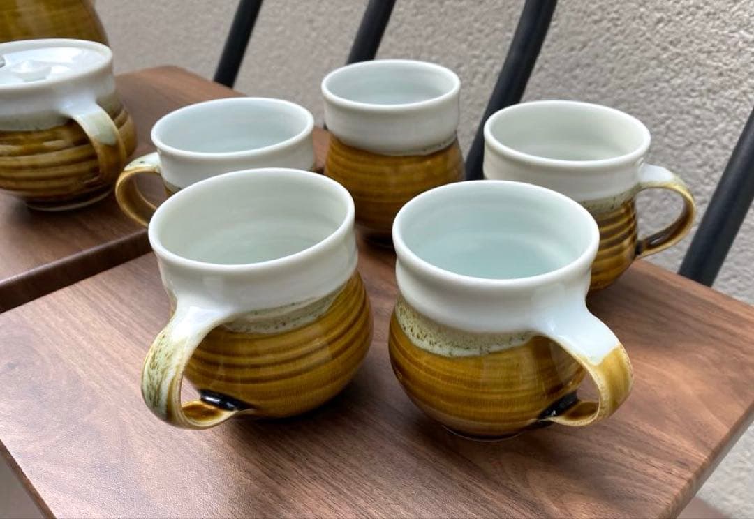 ヴィンテージ風 飴釉ティーセット 7点 YK刻印 民芸調 レトロ　おまけ付き