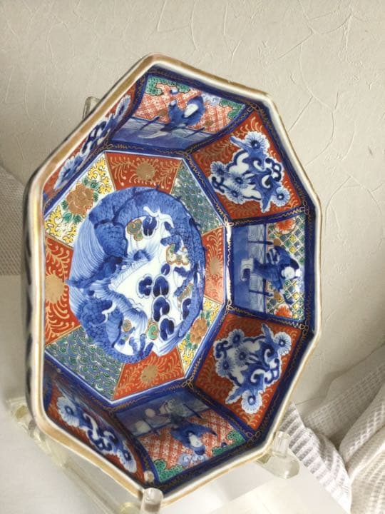 美品！！ 古伊万里「色絵金蘭手・八角深鉢 」龍図見込/縁起物