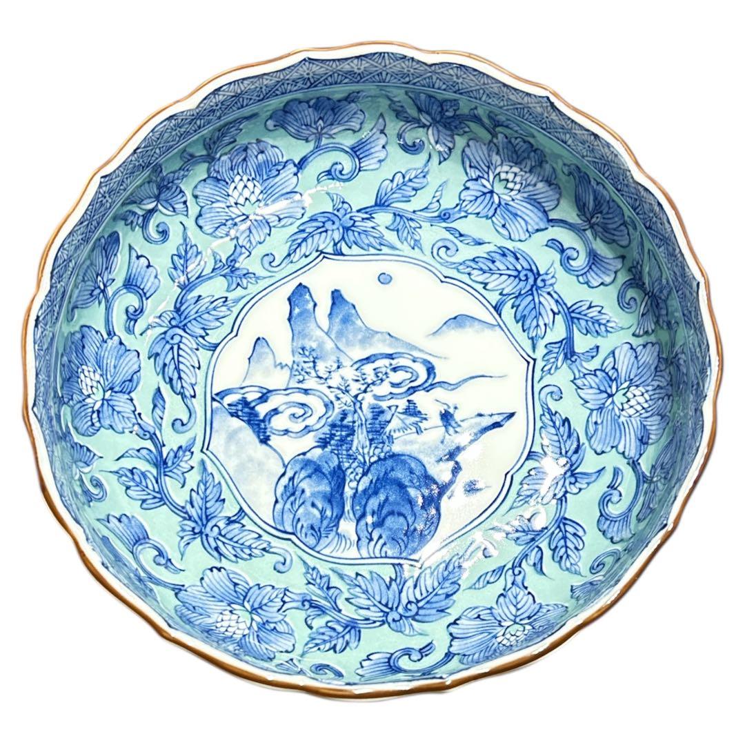 龍峰窯 有田焼 山水緑彩牡丹皿鉢 2枚セット