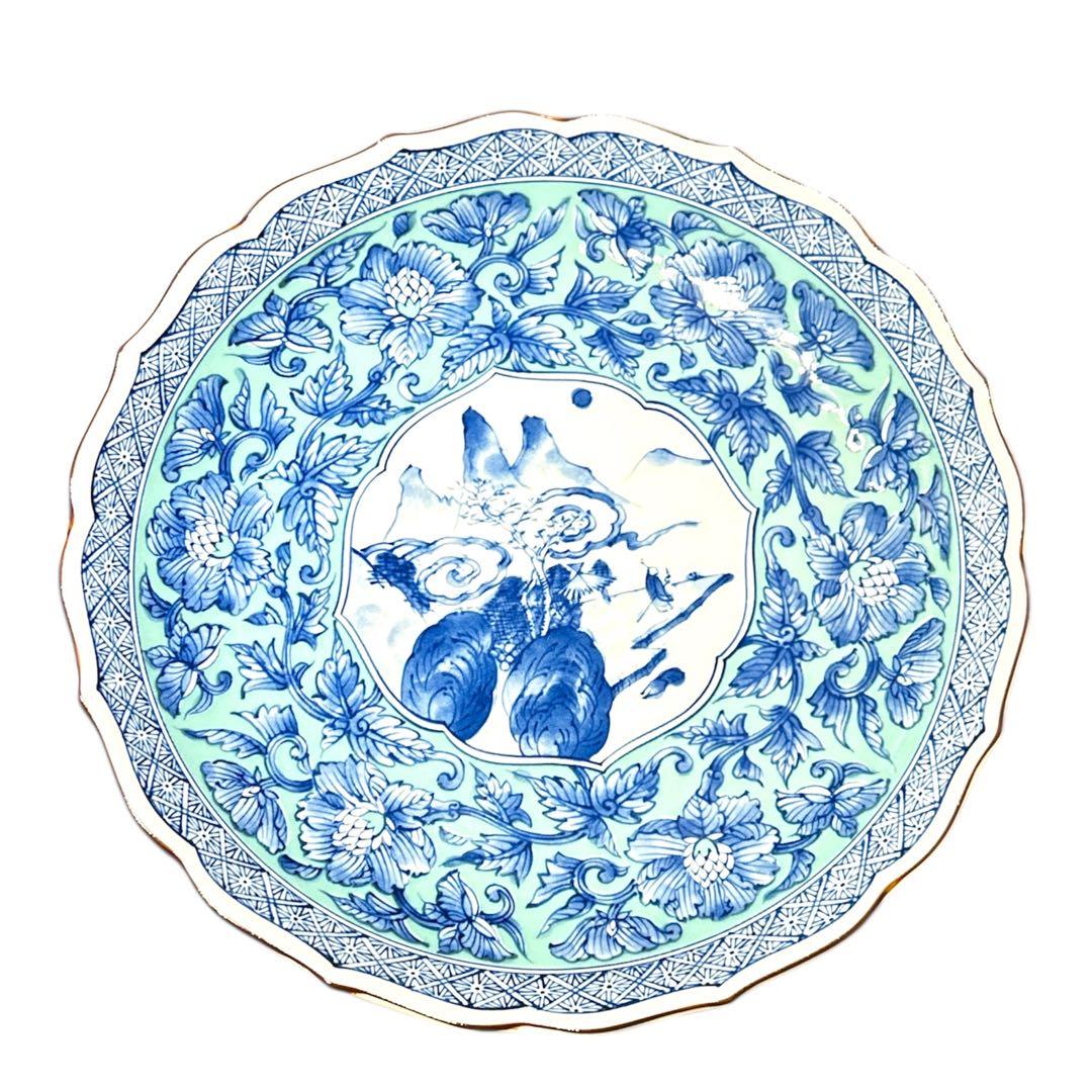 龍峰窯 有田焼 山水緑彩牡丹皿鉢 2枚セット