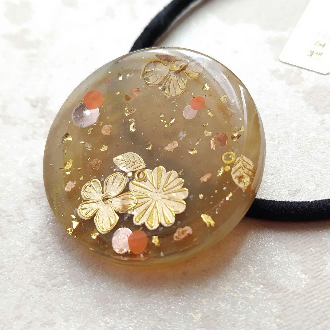 秋デザイン ゴールドフラワーラウンドレジンヘアゴム