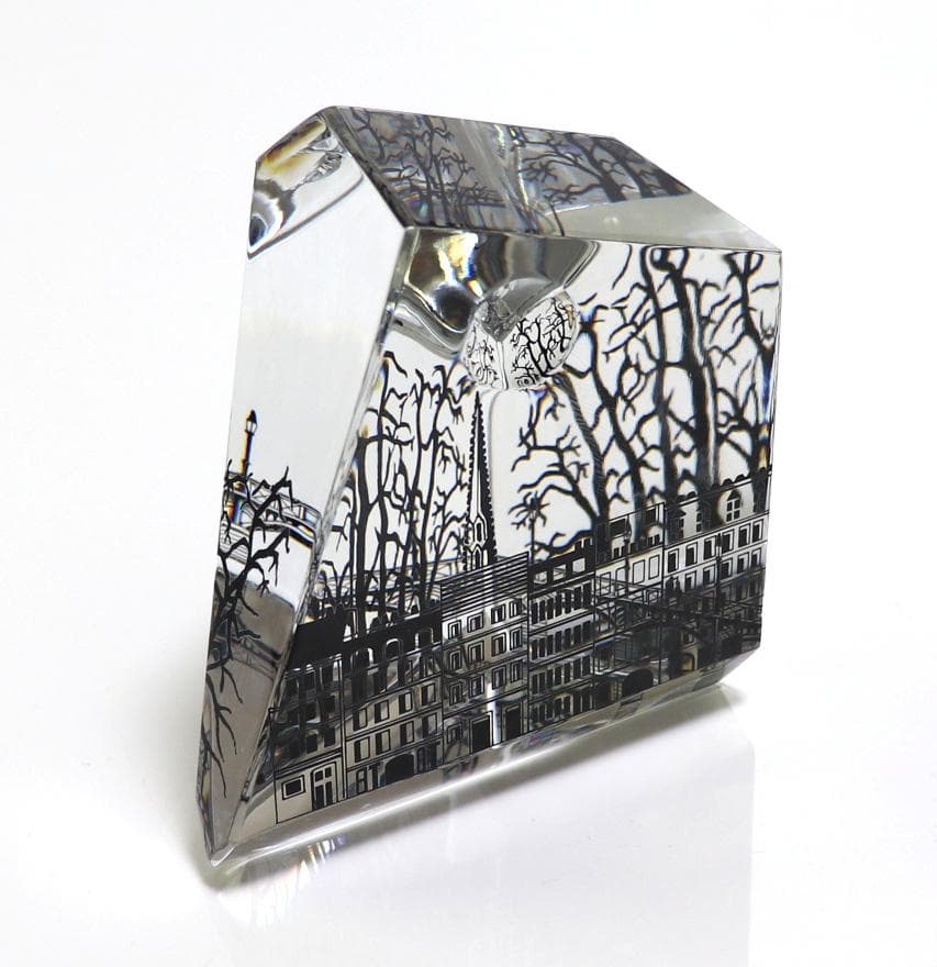 バカラ 珍品 大型 9面体 ペーパーウェイト パリの街並み 月と太陽 置物 風景
