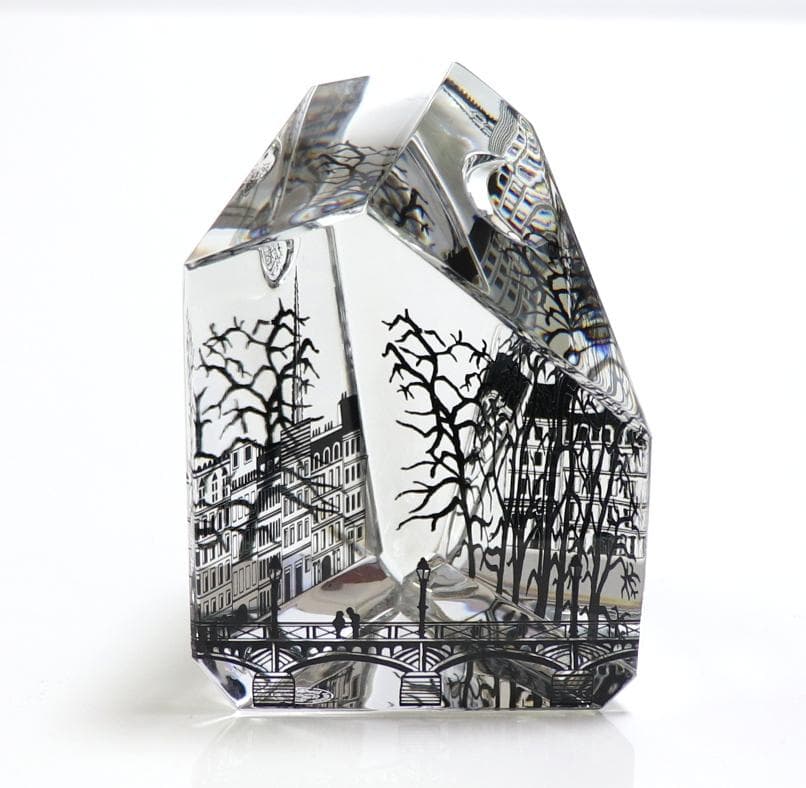 バカラ 珍品 大型 9面体 ペーパーウェイト パリの街並み 月と太陽 置物 風景