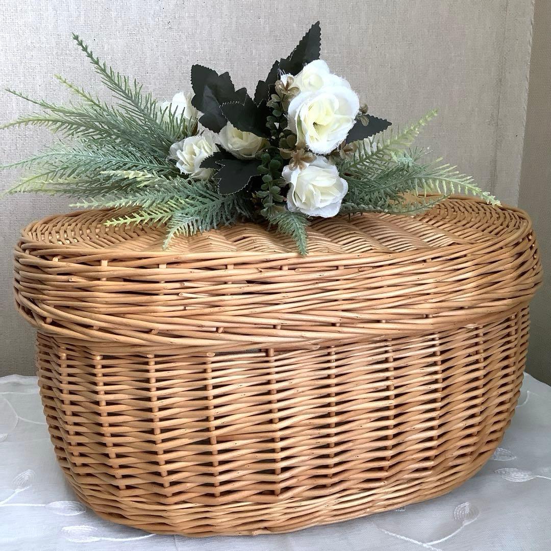 ラタン　オーバルバスケット　蓋付き・内布付き(40㎝x 28㎝xH21㎝)