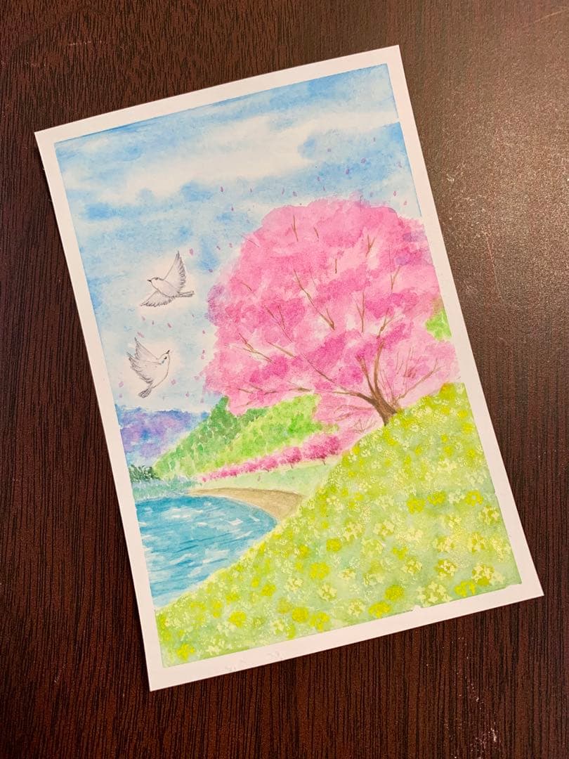水彩画　河津桜と菜の花と舞う小鳥　値段は※900円です