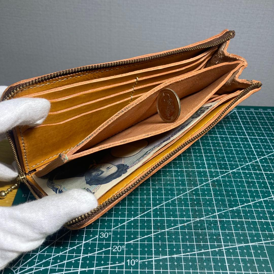 ハンドメイド　イエロー ベジタブルレザー 長財布 ジッパー式