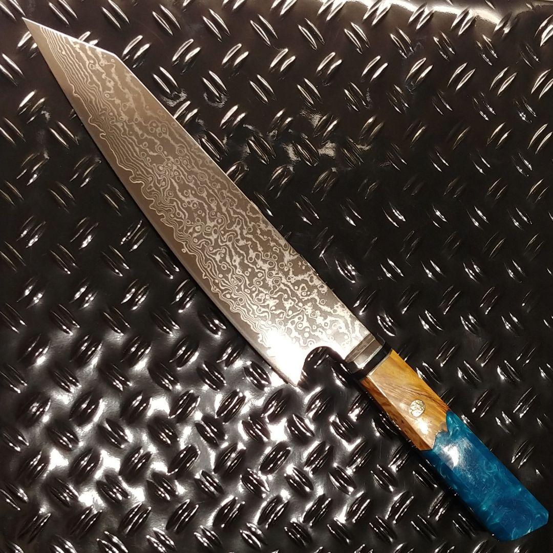 プレゼント付き!　V金10号　67層　ダマスカス包丁　ブルー柄　剣型　牛刀包丁