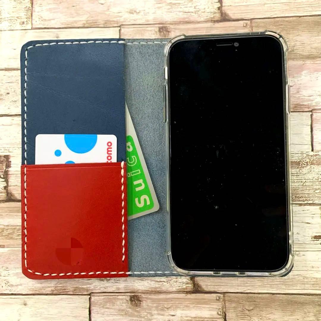 栃木レザー　ネイビー×レッド　iPhoneケース　スマホケース　本革　手帳型