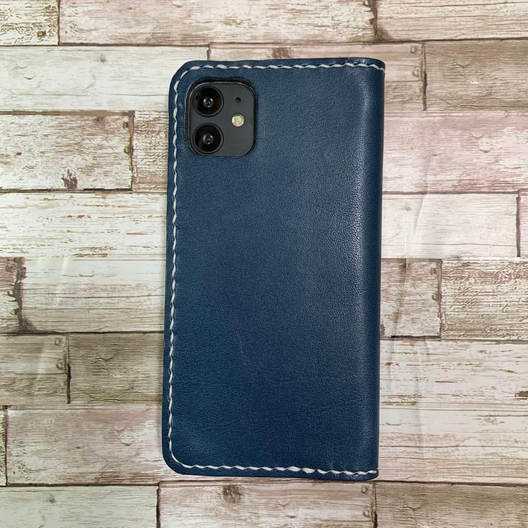 栃木レザー　ネイビー×レッド　iPhoneケース　スマホケース　本革　手帳型