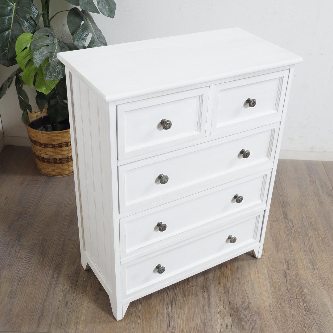 【新品・訳あり】アンティーク調 ホワイトチェスト 4段5杯 完成品 幅60cm