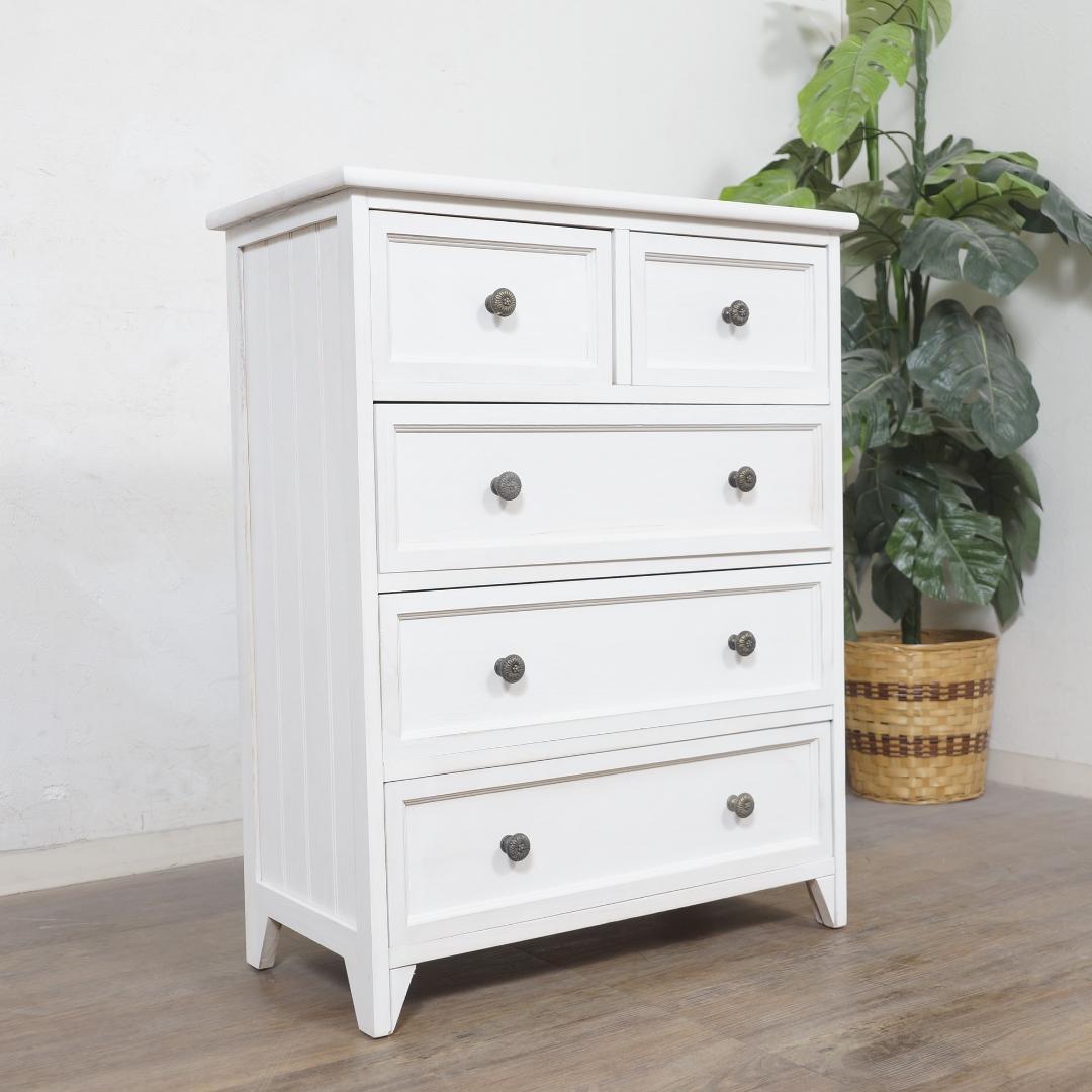 【新品・訳あり】アンティーク調 ホワイトチェスト 4段5杯 完成品 幅60cm
