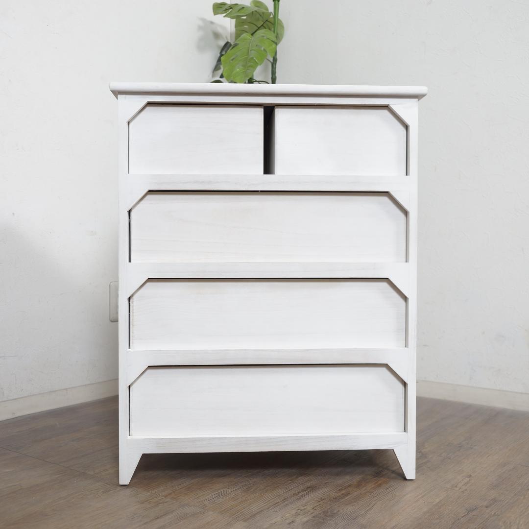 【新品・訳あり】アンティーク調 ホワイトチェスト 4段5杯 完成品 幅60cm