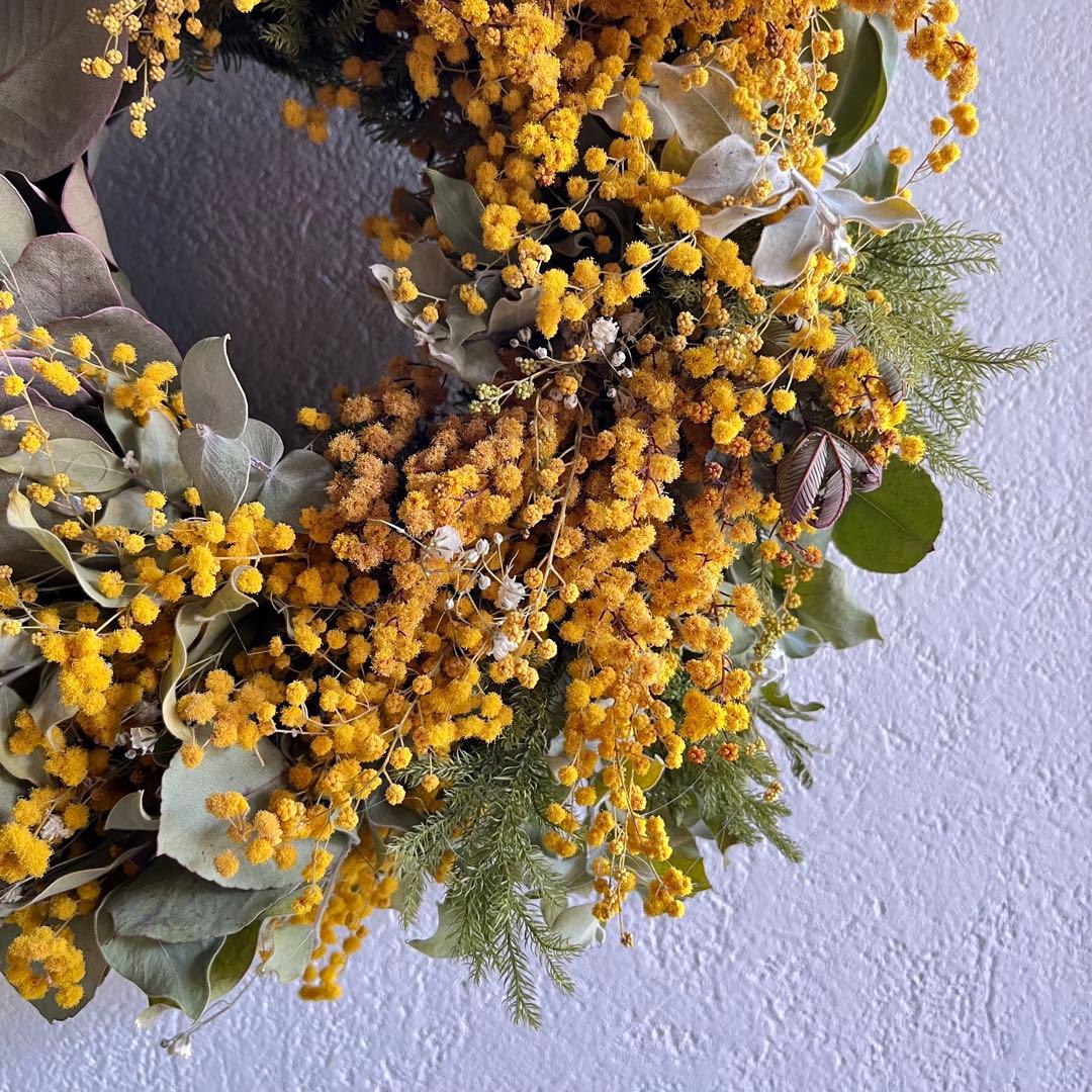 ミモザとグリーンのwreathe (イエロー)① ドライフラワーリース 母の日