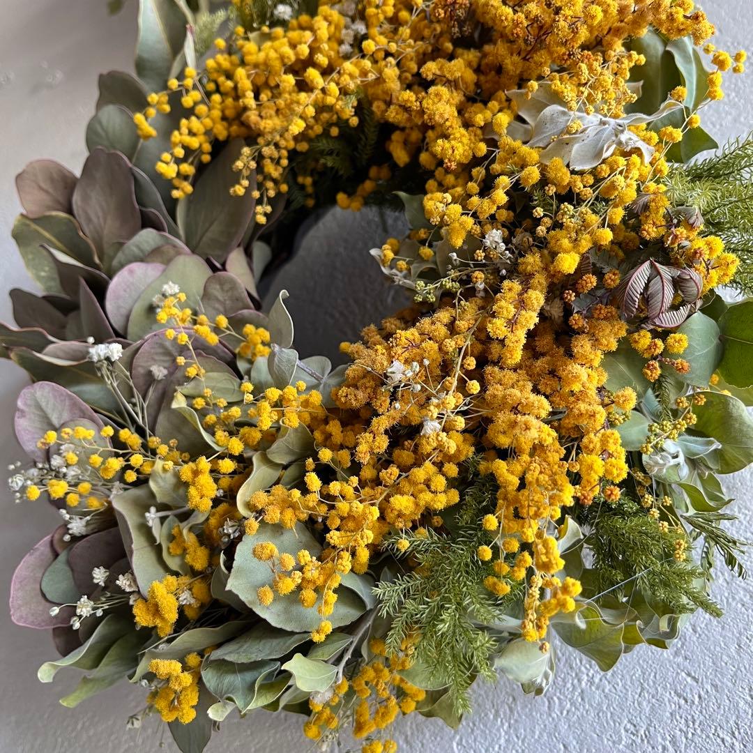 ミモザとグリーンのwreathe (イエロー)① ドライフラワーリース 母の日