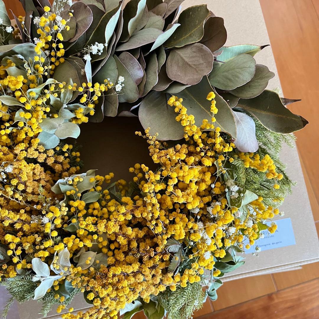 ミモザとグリーンのwreathe (イエロー)① ドライフラワーリース 母の日