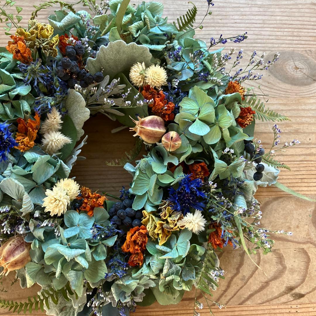 感謝SALEアンティーク紫陽花のブルーオレンジリース　矢車菊　ブルーファンタジア