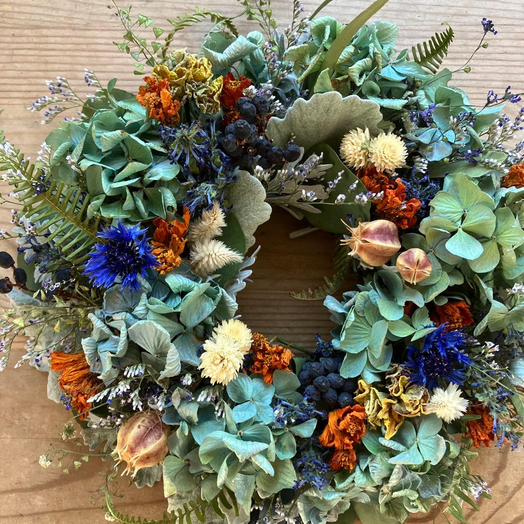 感謝SALEアンティーク紫陽花のブルーオレンジリース　矢車菊　ブルーファンタジア