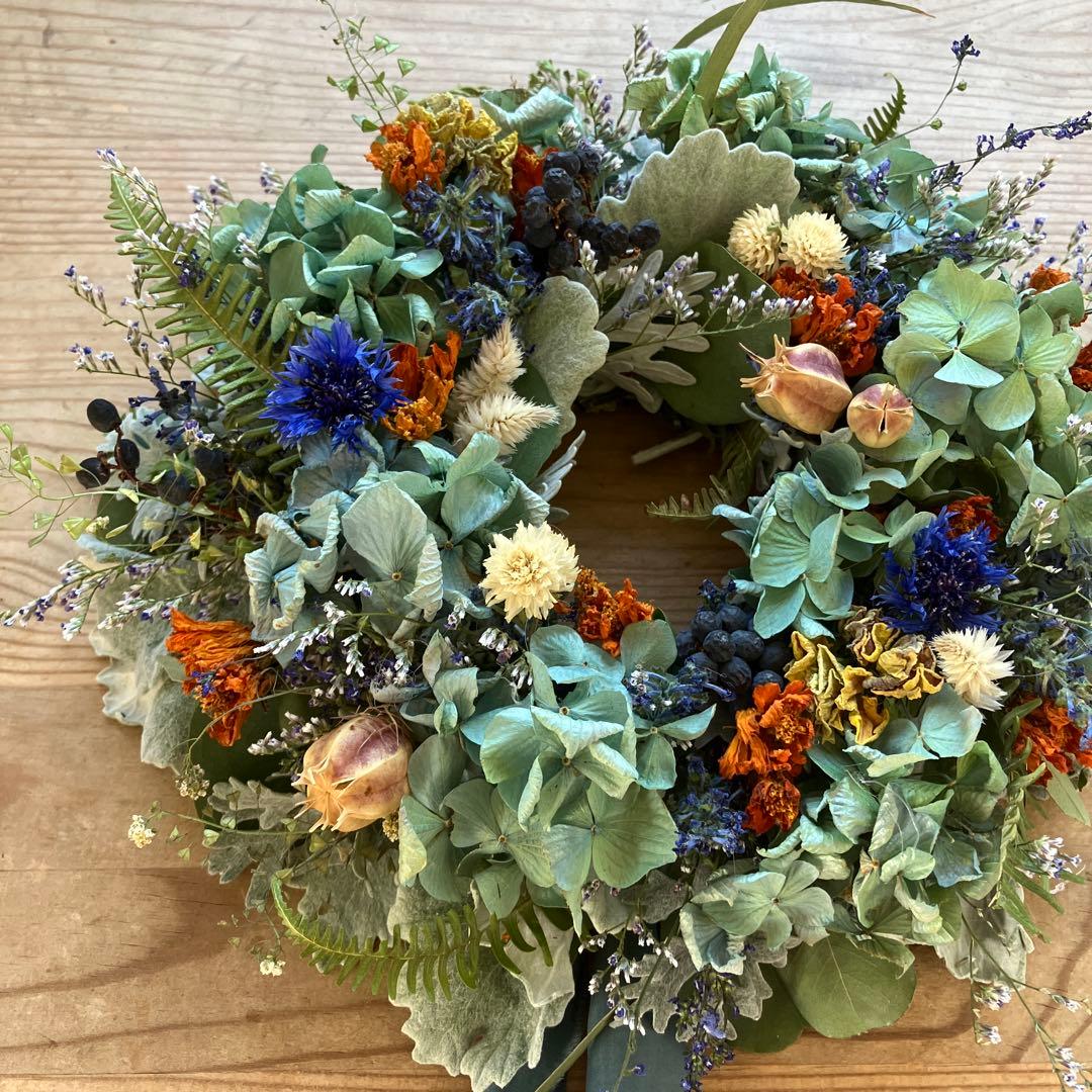 感謝SALEアンティーク紫陽花のブルーオレンジリース　矢車菊　ブルーファンタジア