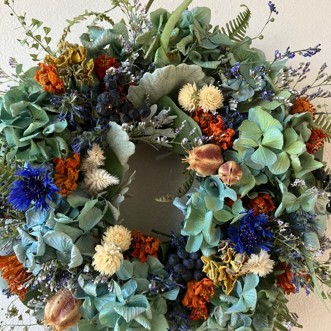 感謝SALEアンティーク紫陽花のブルーオレンジリース　矢車菊　ブルーファンタジア