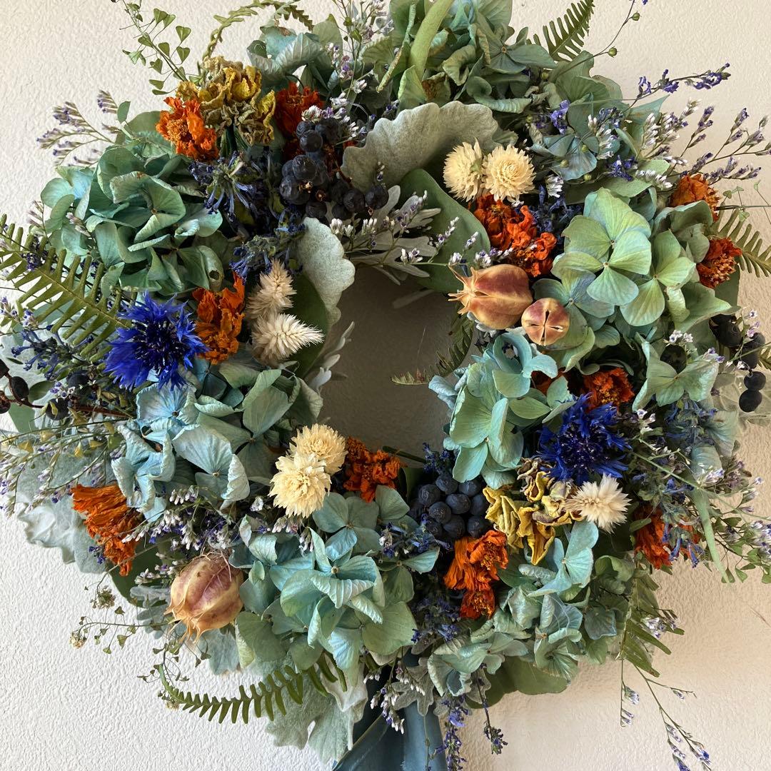 感謝SALEアンティーク紫陽花のブルーオレンジリース　矢車菊　ブルーファンタジア