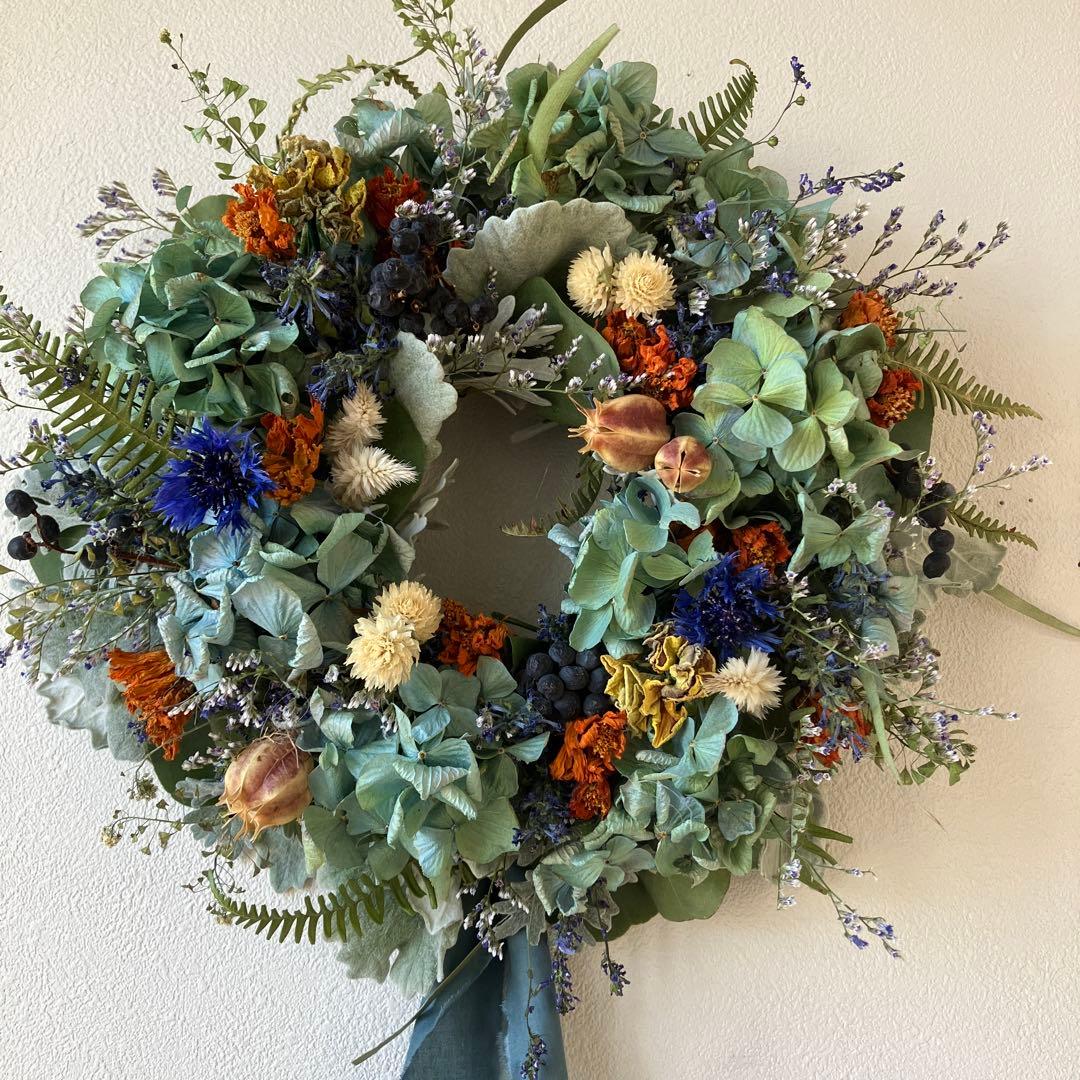 感謝SALEアンティーク紫陽花のブルーオレンジリース　矢車菊　ブルーファンタジア