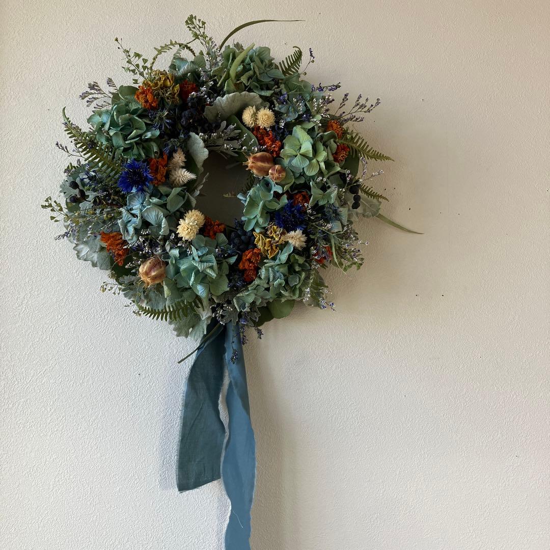 感謝SALEアンティーク紫陽花のブルーオレンジリース　矢車菊　ブルーファンタジア