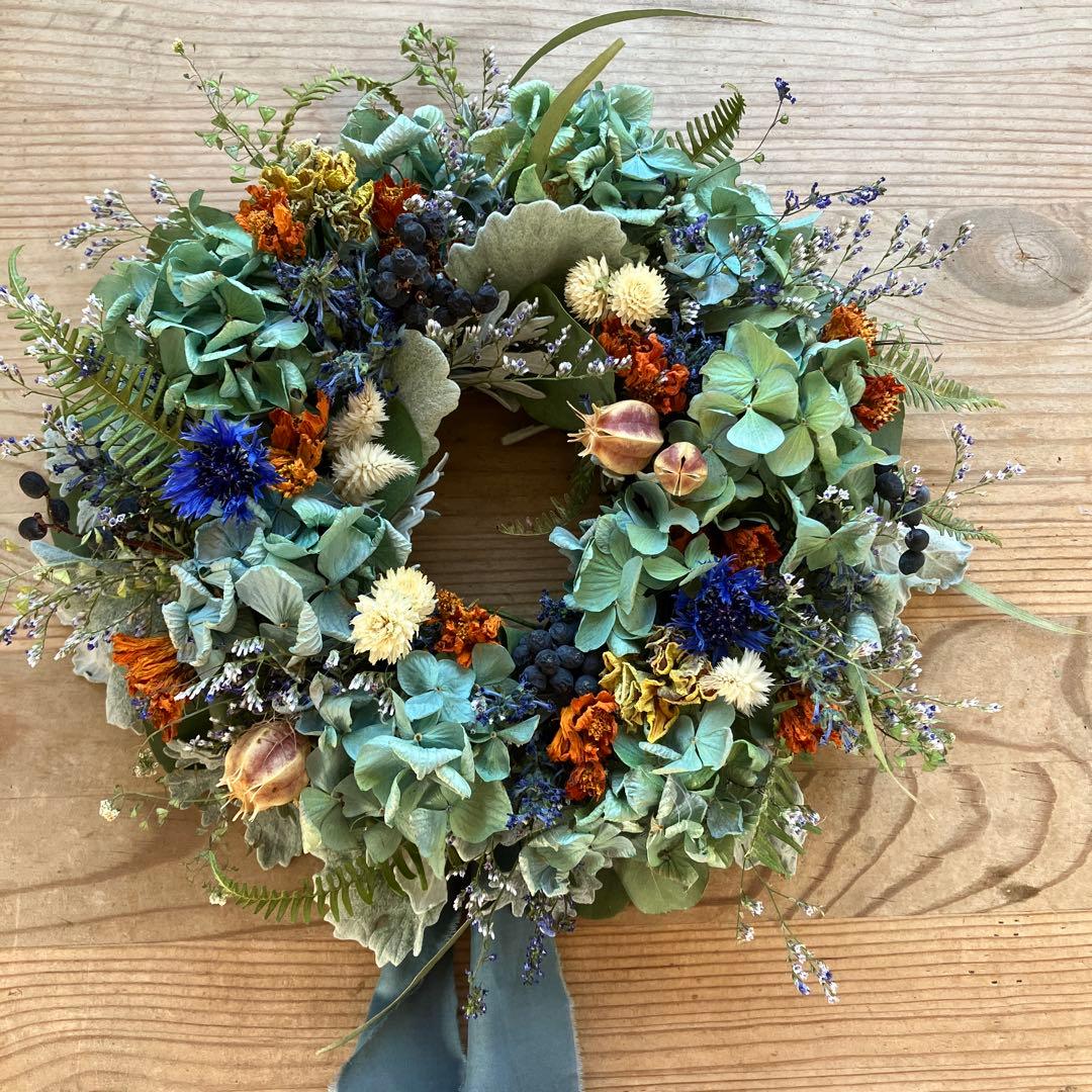 感謝SALEアンティーク紫陽花のブルーオレンジリース　矢車菊　ブルーファンタジア