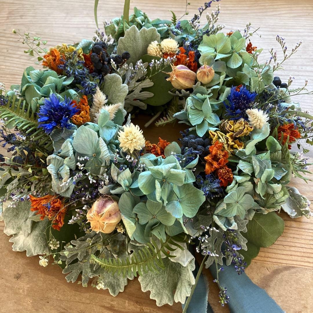 感謝SALEアンティーク紫陽花のブルーオレンジリース　矢車菊　ブルーファンタジア