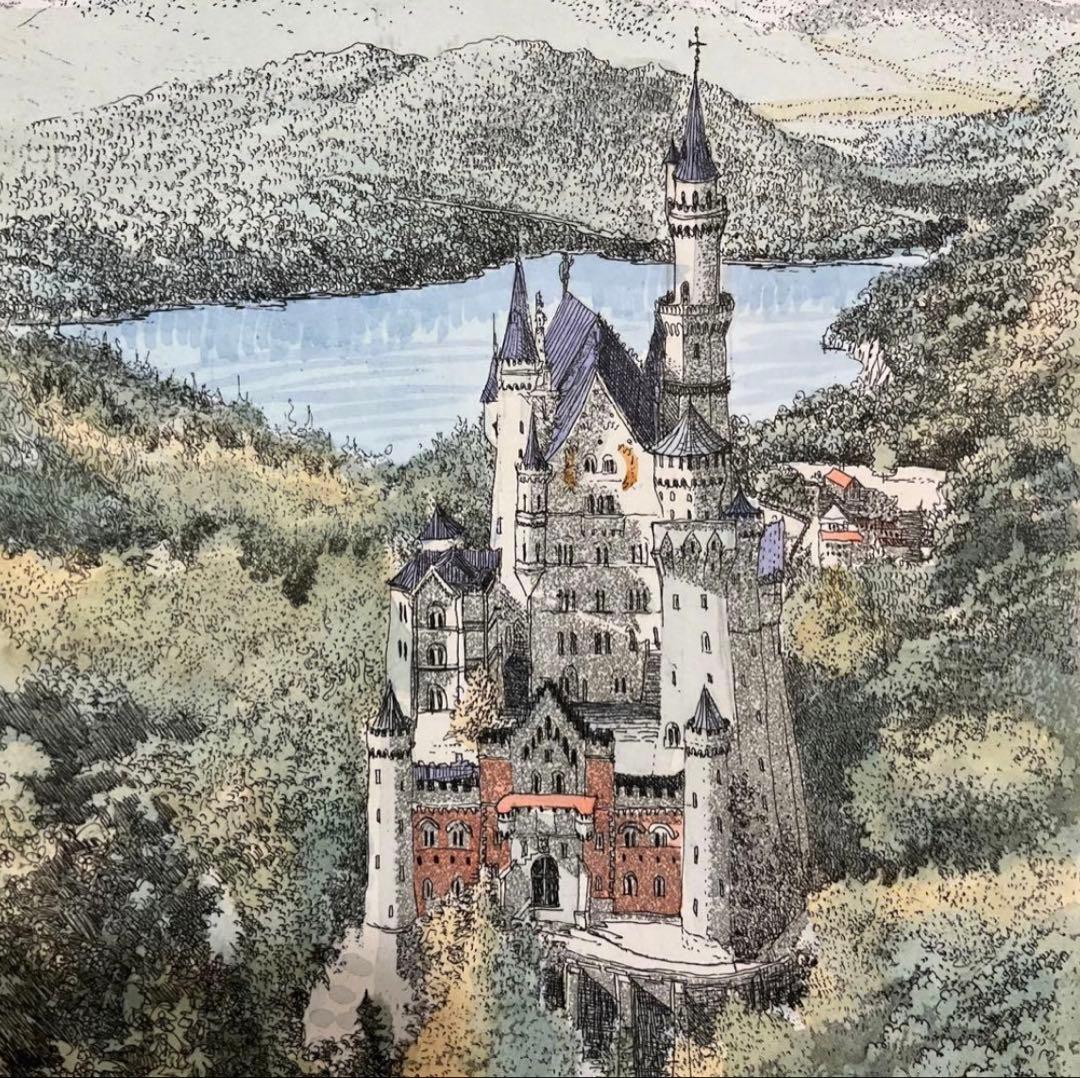 絵画・額縁・版画・織田義郎・銅版画+手彩色・ノイシュバンシュタインⅦ・美術品・