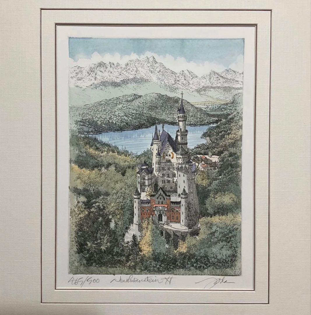 絵画・額縁・版画・織田義郎・銅版画+手彩色・ノイシュバンシュタインⅦ・美術品・