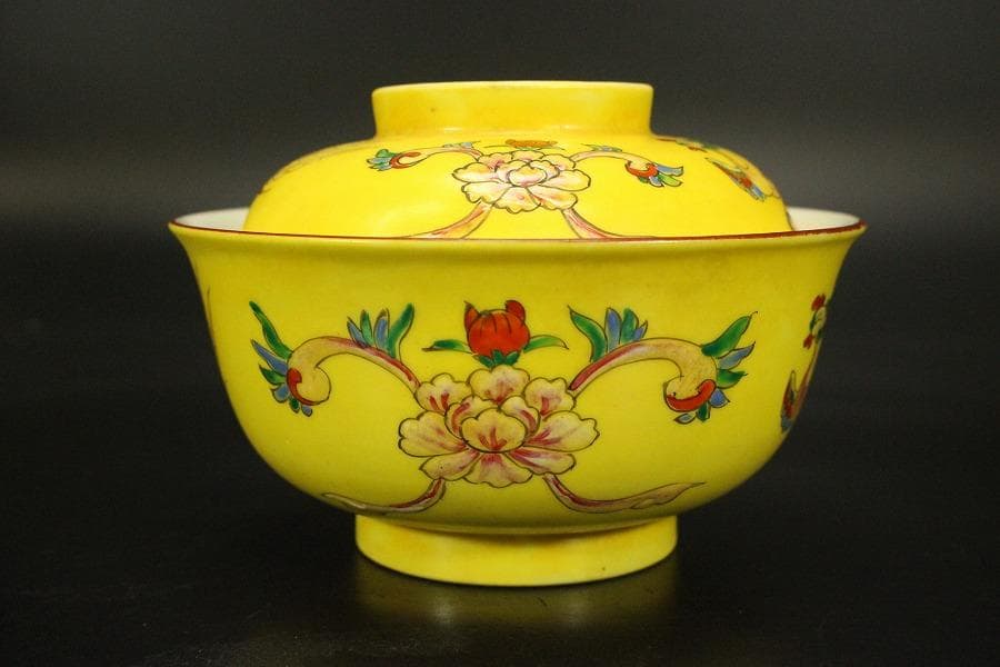 中国美術 黄釉色絵 蓋碗 五件(ZE743)