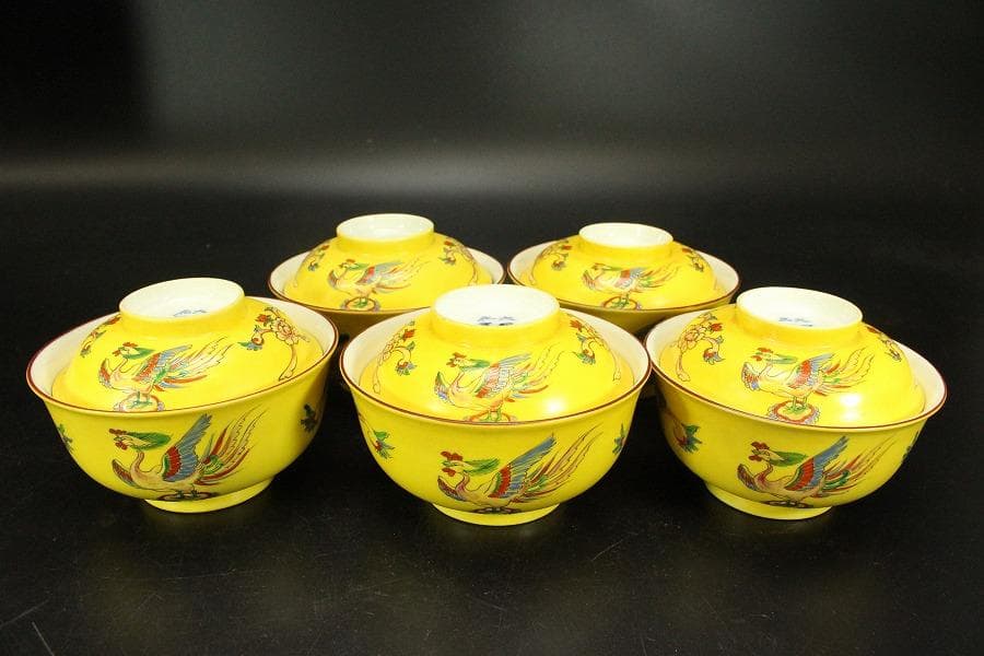 中国美術 黄釉色絵 蓋碗 五件(ZE743)