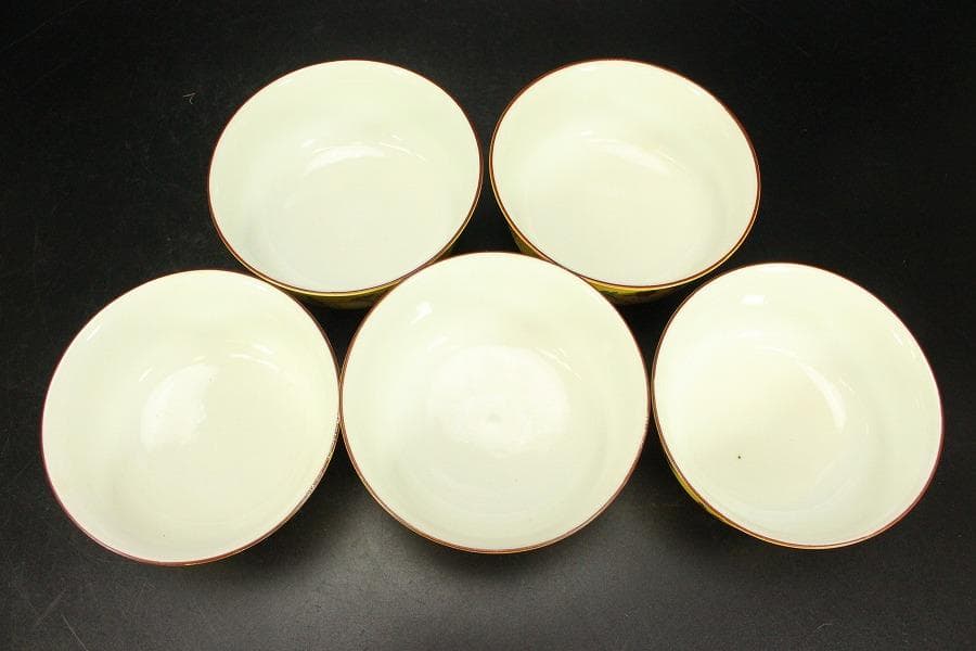 中国美術 黄釉色絵 蓋碗 五件(ZE743)