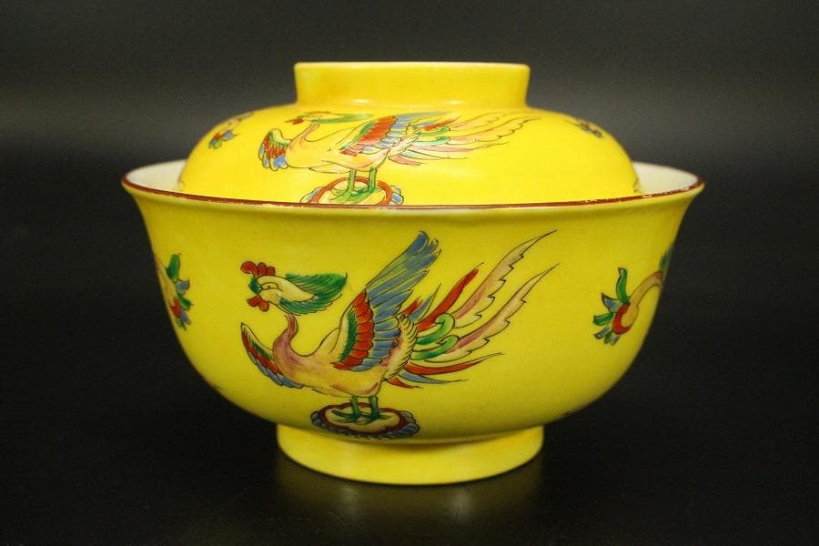 中国美術 黄釉色絵 蓋碗 五件(ZE743)