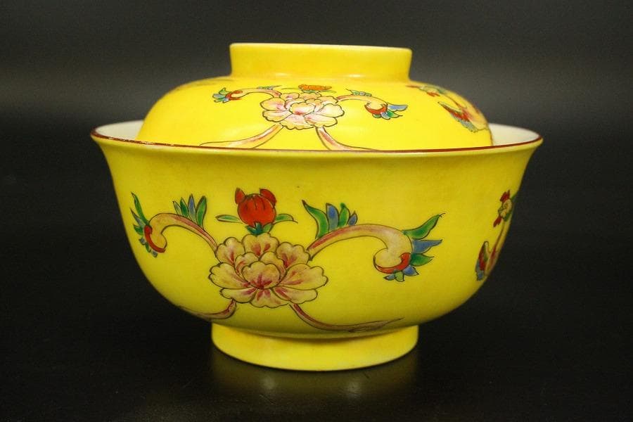 中国美術 黄釉色絵 蓋碗 五件(ZE743)