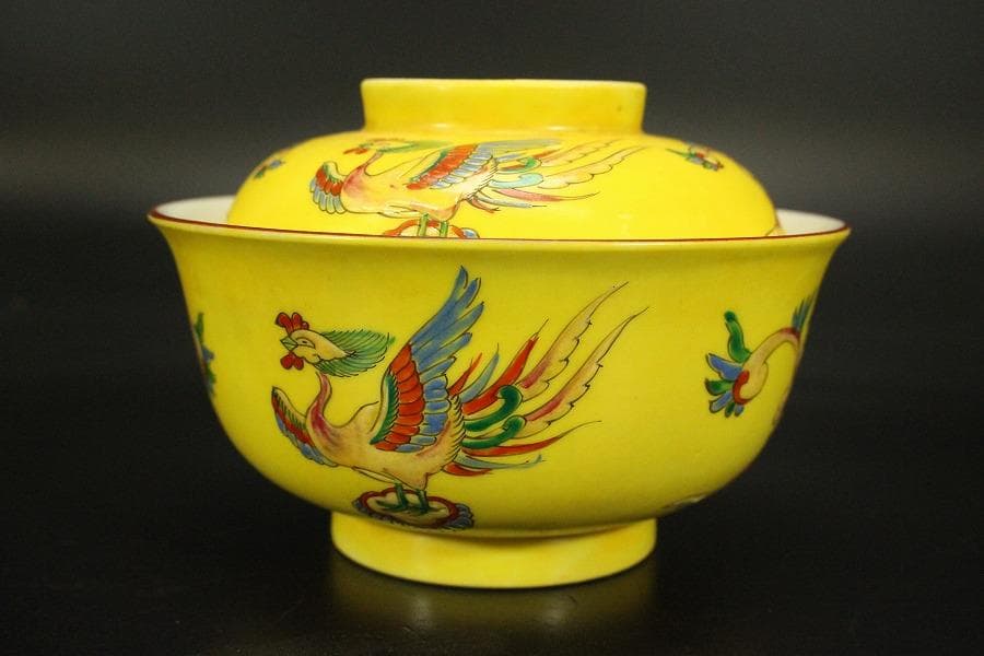 中国美術 黄釉色絵 蓋碗 五件(ZE743)