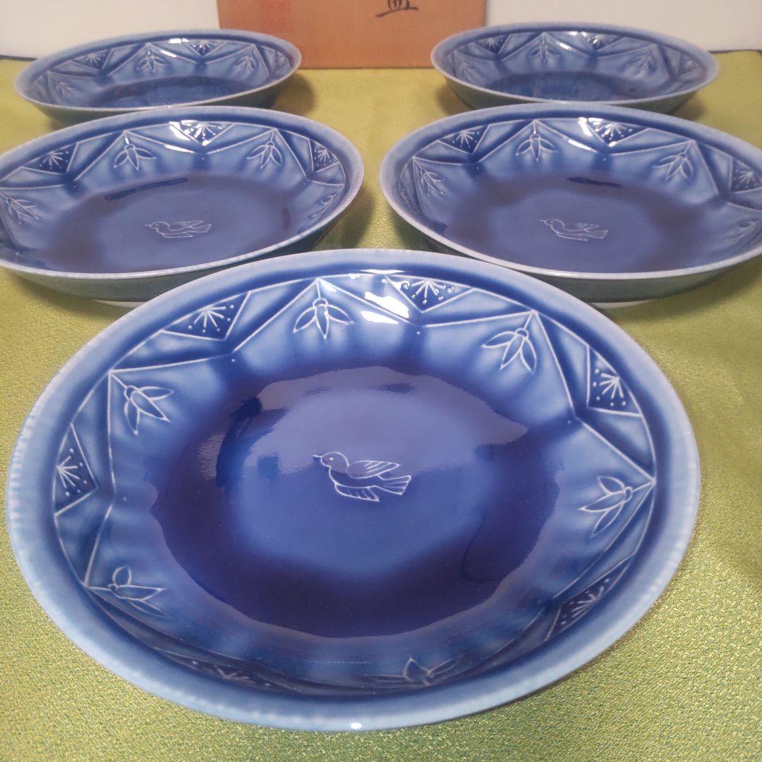 人間国宝 加藤卓男 幸兵衛窯 ブルー 青 瑠璃釉陽刻文皿 皿 5枚 箱付