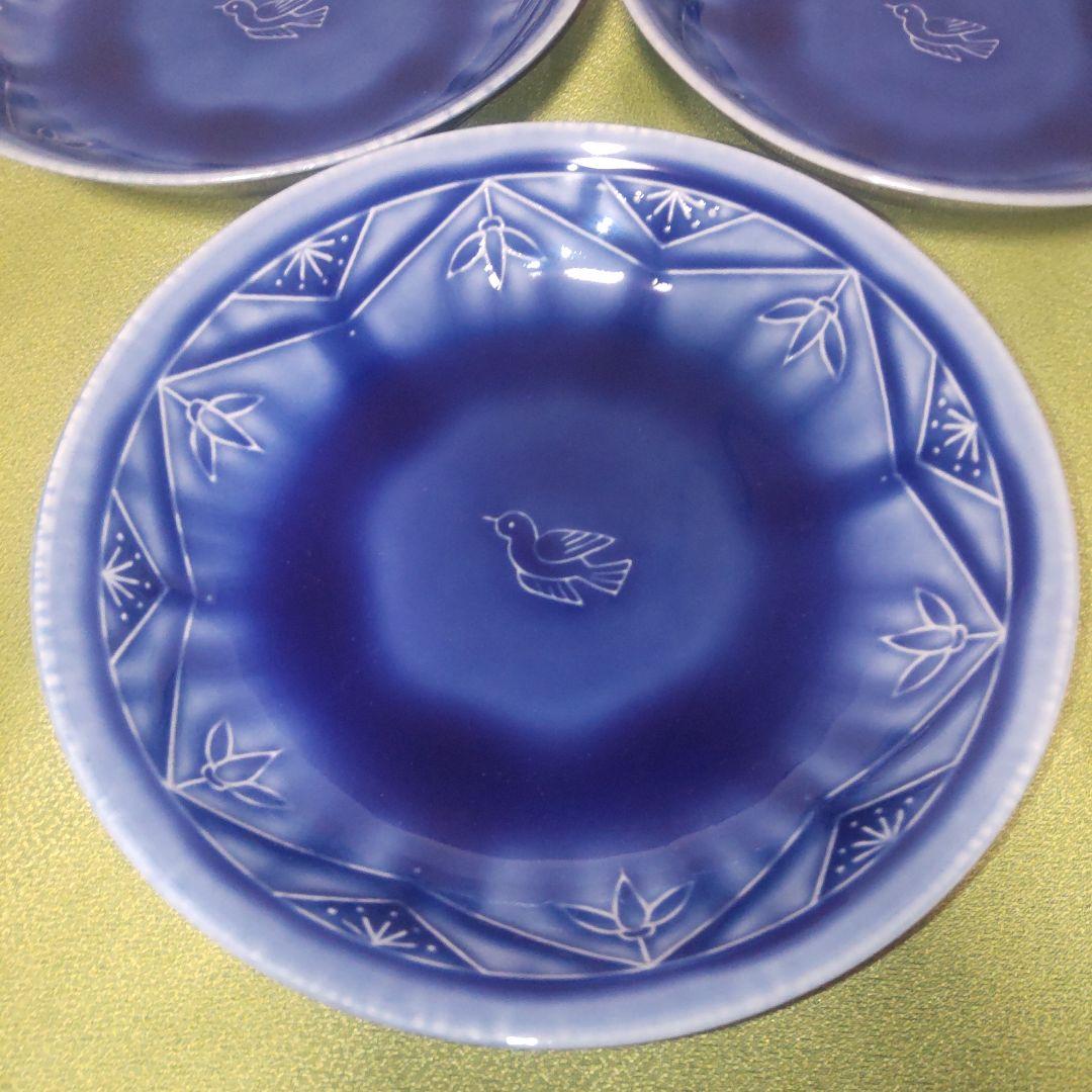 人間国宝 加藤卓男 幸兵衛窯 ブルー 青 瑠璃釉陽刻文皿 皿 5枚 箱付