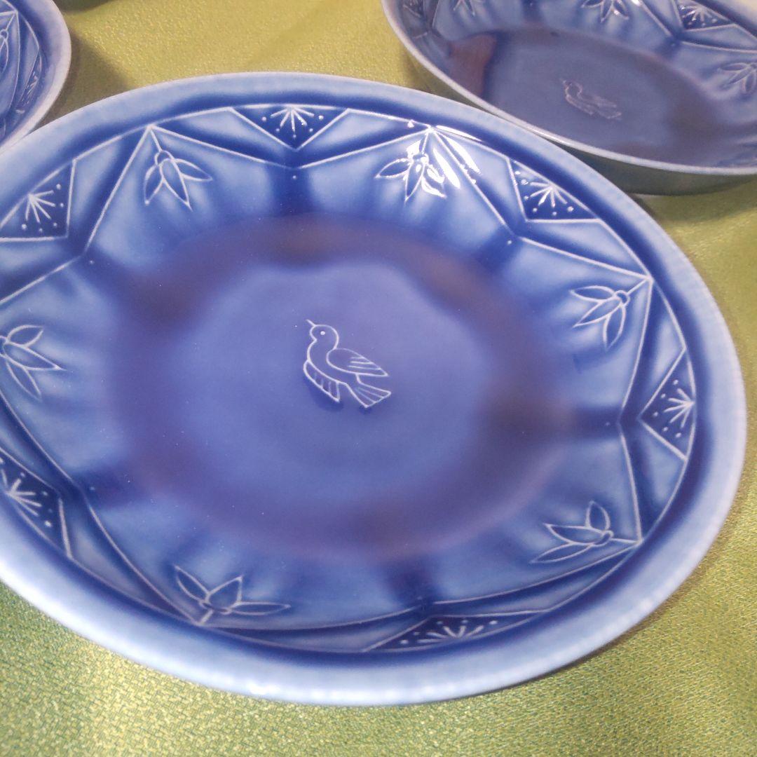 人間国宝 加藤卓男 幸兵衛窯 ブルー 青 瑠璃釉陽刻文皿 皿 5枚 箱付