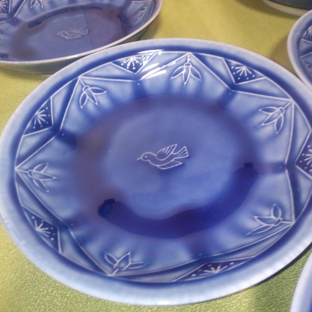 人間国宝 加藤卓男 幸兵衛窯 ブルー 青 瑠璃釉陽刻文皿 皿 5枚 箱付