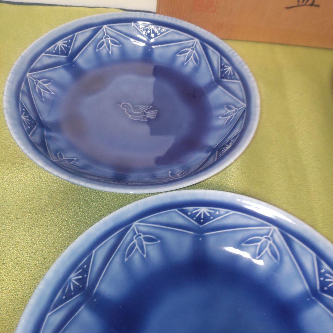 人間国宝 加藤卓男 幸兵衛窯 ブルー 青 瑠璃釉陽刻文皿 皿 5枚 箱付
