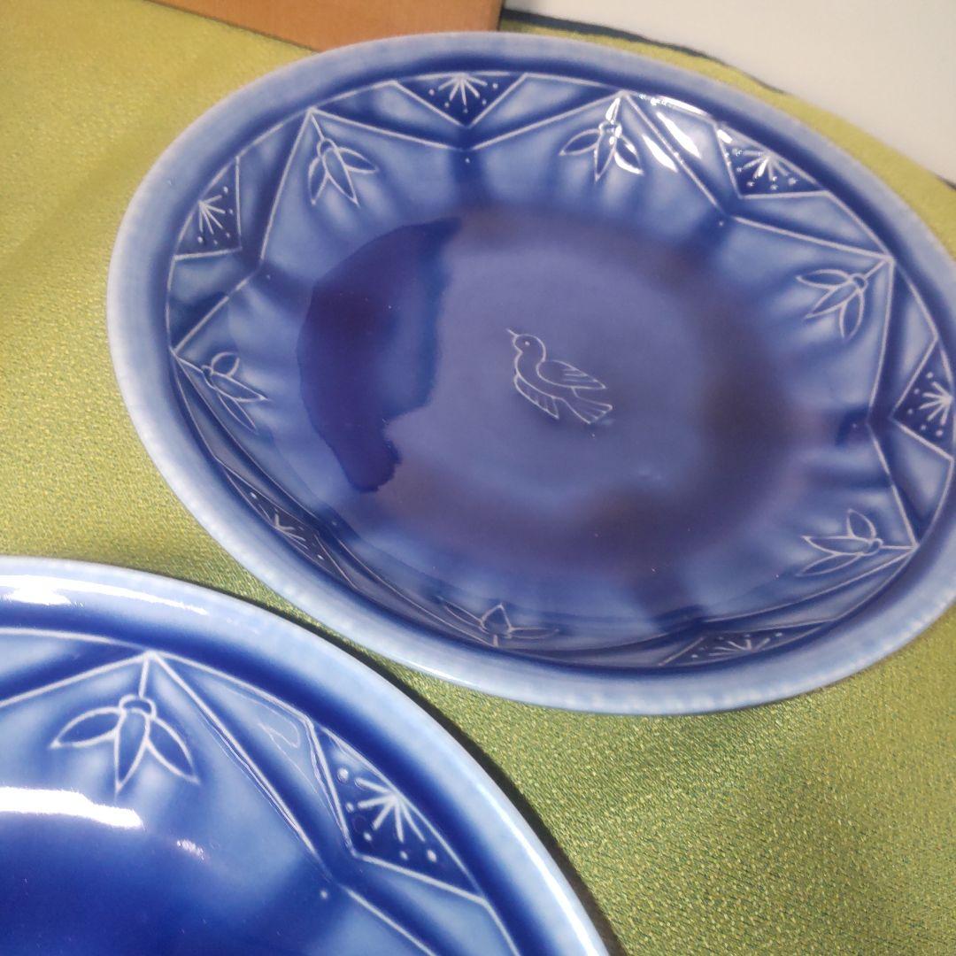 人間国宝 加藤卓男 幸兵衛窯 ブルー 青 瑠璃釉陽刻文皿 皿 5枚 箱付