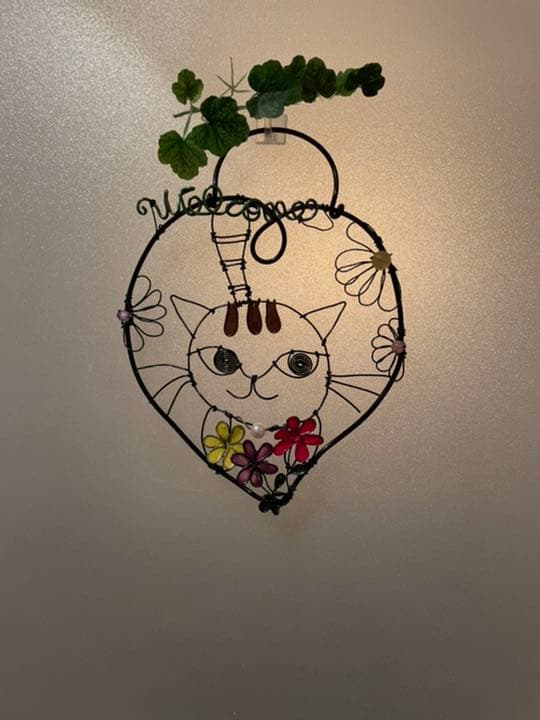 ワイヤークラフト♡ハートの猫ちゃんとお花＊茶トラさん＊