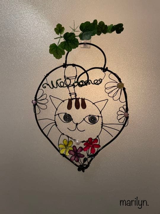 ワイヤークラフト♡ハートの猫ちゃんとお花＊茶トラさん＊