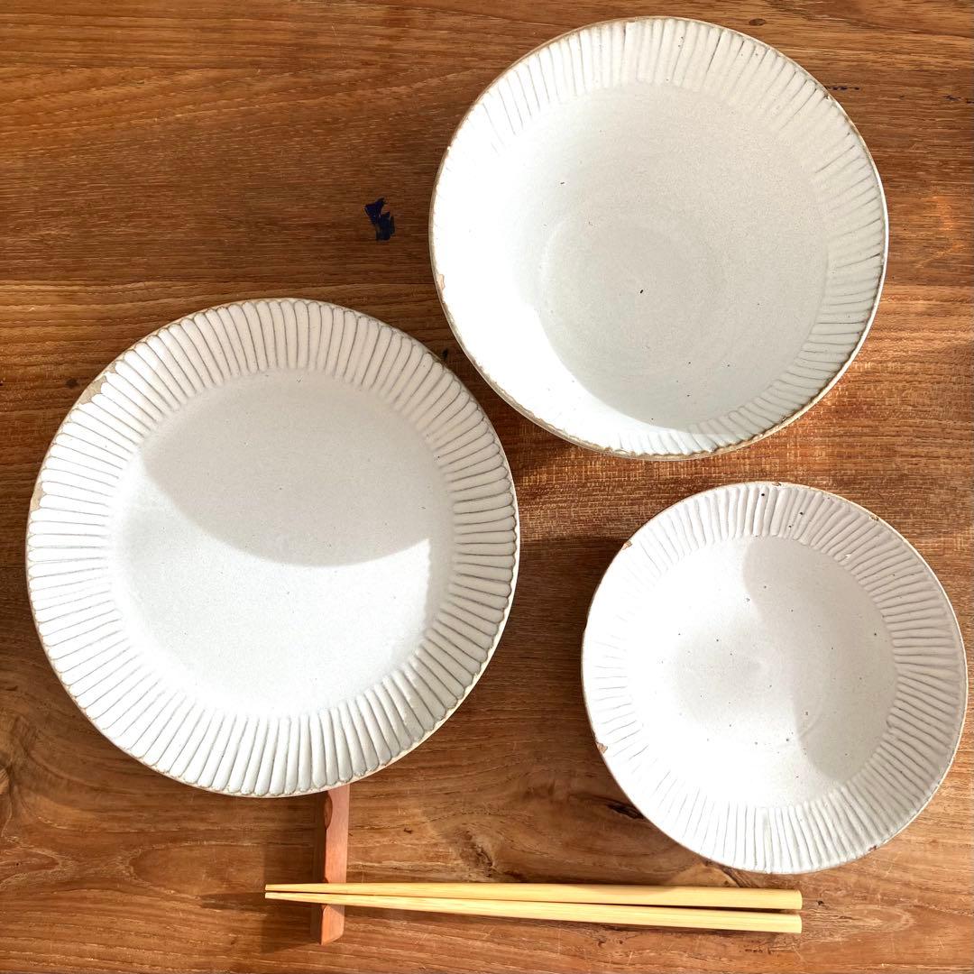 お1人様ご飯もりもり3点セット会津本郷焼き 樹ノ音工房しのぎマット白【お買得‼️】